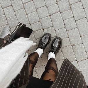 Black Patent Leather Lace Up Loafers, Women's Classic Leather Shoes, Glossy Black Oxfords image 8
