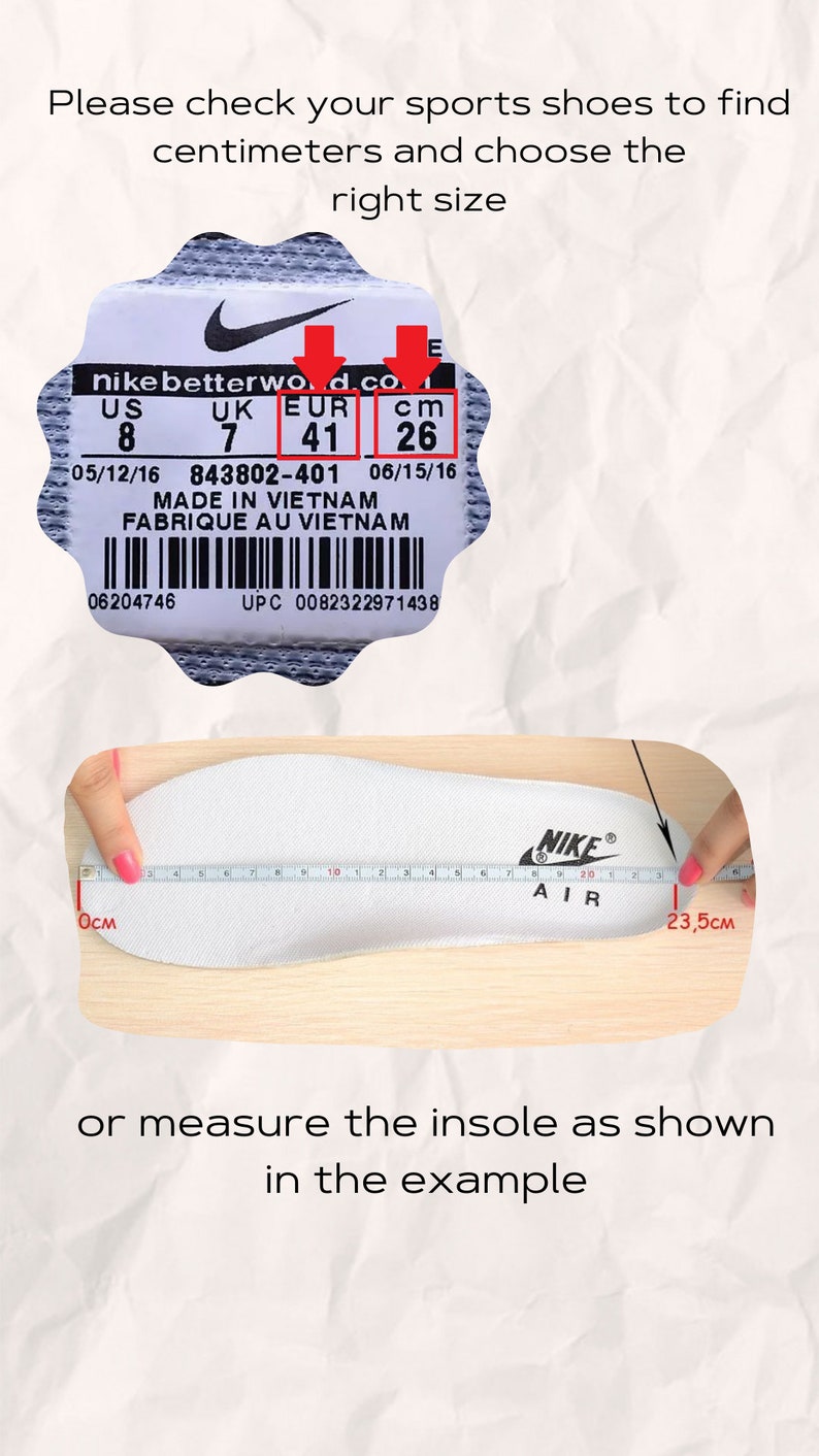 May include: A white shoe insole with the Nike Air logo, measured with a tape showing a length of 23.5 cm. Above, a product label displays size information: US 8, UK 7, EUR 41, and 26 cm. Text reads: Please check your sports shoes to find centimeters and choose the right size or measure the insole as shown in the example.