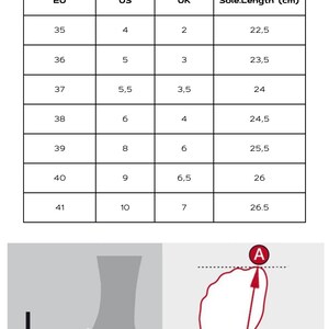 May include: A chart showing sandal sizes in US, UK, and EU sizes, along with the corresponding insole length in centimeters. The chart is accompanied by a diagram illustrating how to measure the insole length of a sandal.