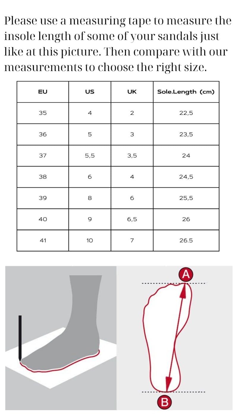 May include: A chart showing sandal sizes in US, UK, and EU sizes, along with the corresponding insole length in centimeters. The chart is accompanied by a diagram illustrating how to measure the insole length of a sandal.