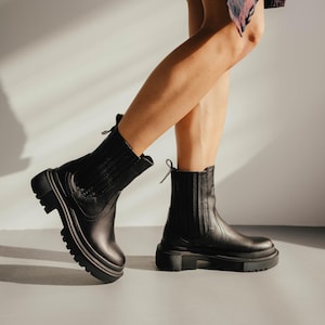 Handmade black chelsea ankle boots with sheepskin lining