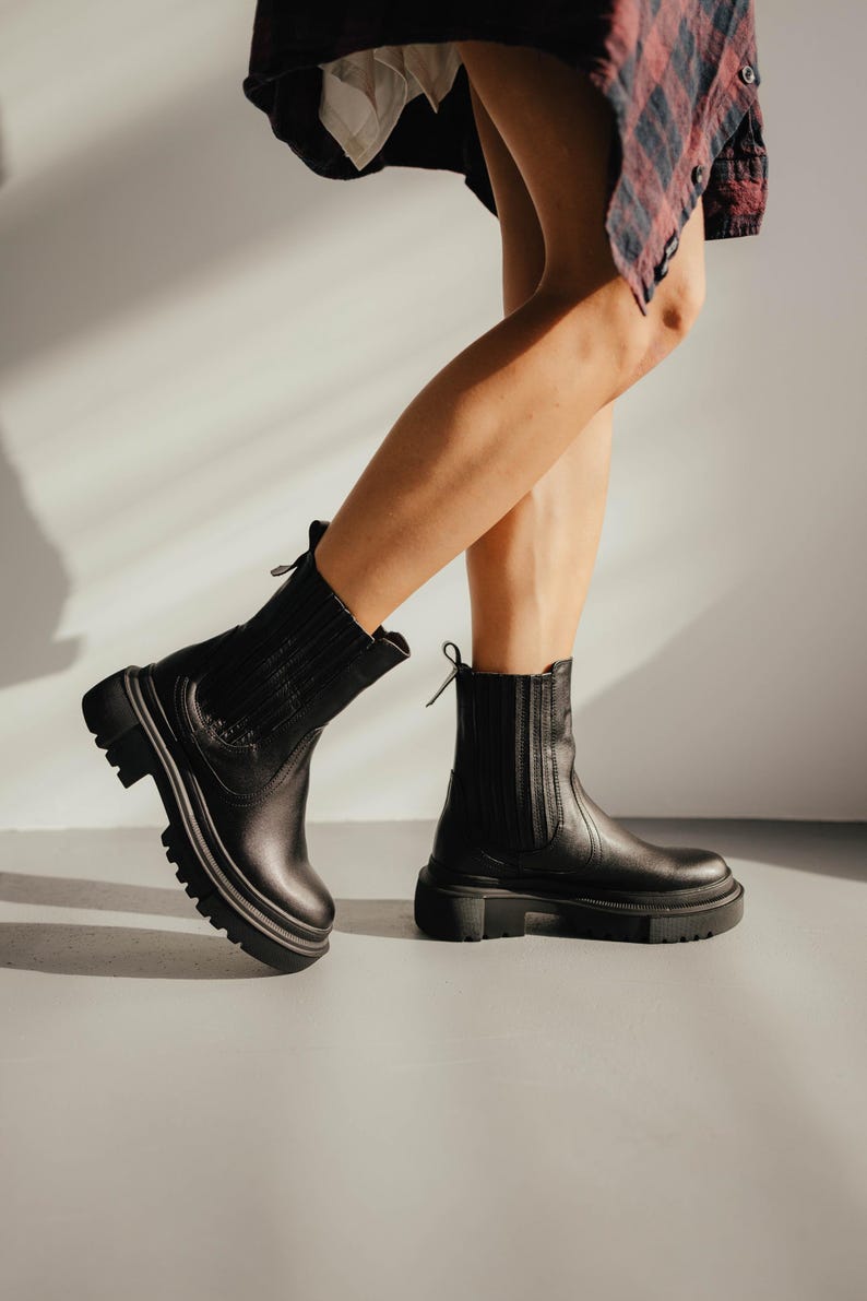 Handmade black chelsea ankle boots with sheepskin lining