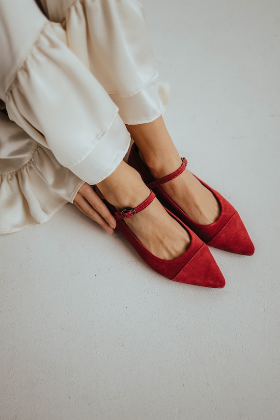 red strappy dress shoes Pointed Toe Ballet Shoes, Pointed Toe Sandals, Red Suede Ballet Shoes, Flat  Ballet Shoes, Strap Ballet Shoes, Red Ballerina Shoes,