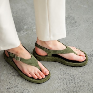 Green Suede Toe Loop Sandals, Ankle Strap Sandals, Women's Summer Suede Shoes, Handmade Lightweight Buckle Sandals