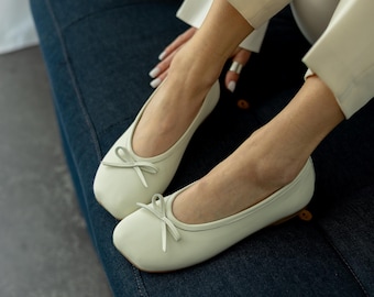 Beige Leather Ballet Flats | Wide Toe Flats Women | Minimalist Comfortable Shoes