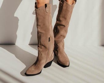 Brown Suede Cowboy Boots Women – Handmade Below Knee Western Boots with Side Zipper, Comfortable Fit for Everyday Wear