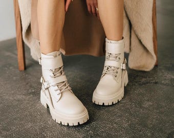 Milk leather boots with side zipper, two lining options fleece or sheepskin, handmade stylish everyday footwear