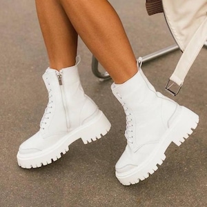 White leather ankle boots with side zipper, handmade boots with fleece or sheepskin lining, lightweight chunky sole