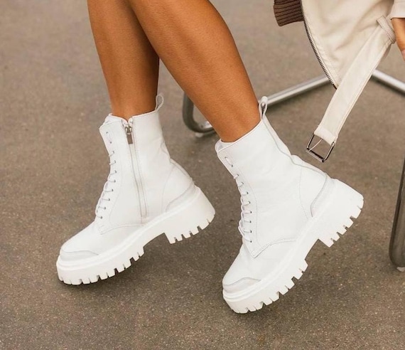 White Leather Lace Up Boots, Tall Women's Boots, Side Zipper Fleece Lined Fall Winter Boots
