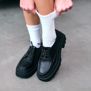 Black Leather Chunky Loafers, Square Toe Platform Loafers, Women's Black Leather Shoes image 1