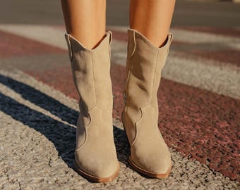Casual suede cowboy boots, suede shoes with zippers, cowboy shoes with heels