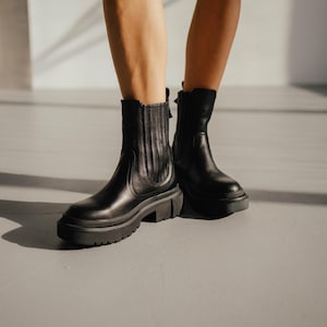 Black leather chelsea boots for women, chunky sole ankle boots, handmade shoes with fleece or sheepskin lining