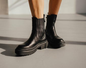 Black leather chelsea boots for women, chunky sole ankle boots, handmade shoes with fleece or sheepskin lining