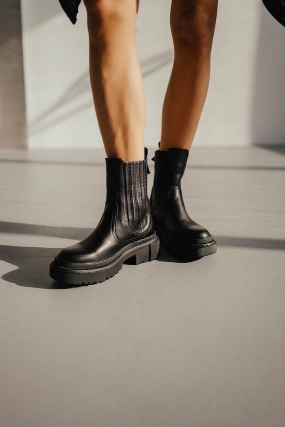 Black leather chelsea boots for women, chunky sole ankle boots, handmade shoes with fleece or sheepskin lining