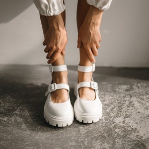 Classic Mary Janes, white summer shoes, strappy open heels. Chunky loafers with thick soles. Urban Mary Jane Platform Loafers
