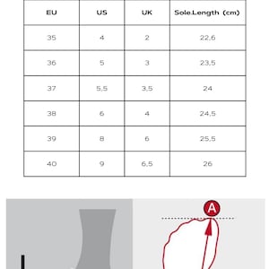 May include: A chart showing sandal sizes in US, UK, and EU sizes, along with the corresponding insole length in centimeters. A diagram shows how to measure the insole length of a sandal.