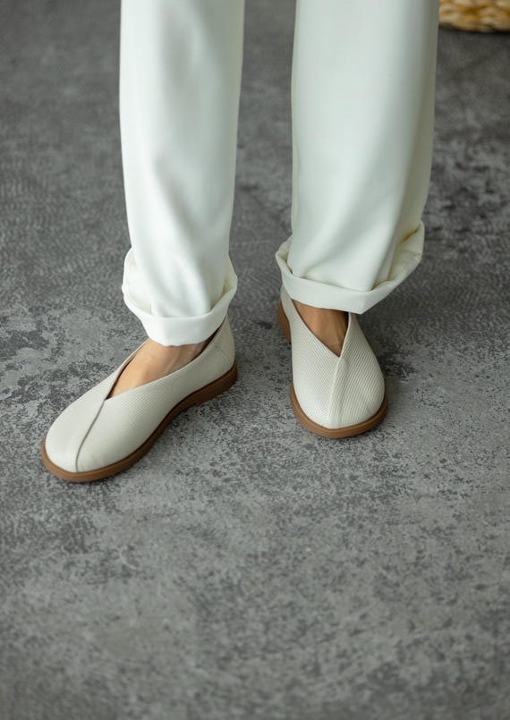 Women’s Leather Wide Toe Flats | Summer Comfort Shoes with Decorative Overlay | Handmade Black & Embossed Milk Leather