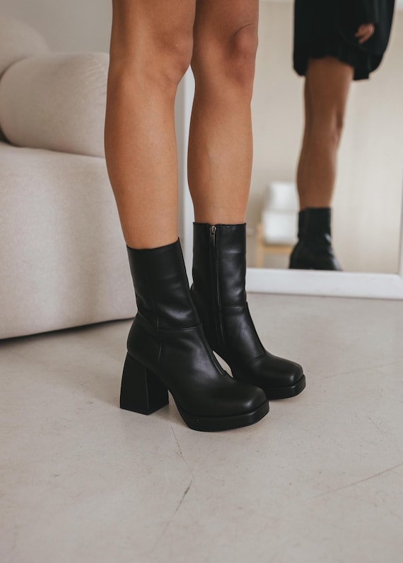 Black genuine leather ankle boots with square toe and side zipper, handmade heeled booties with 8.5 cm heel