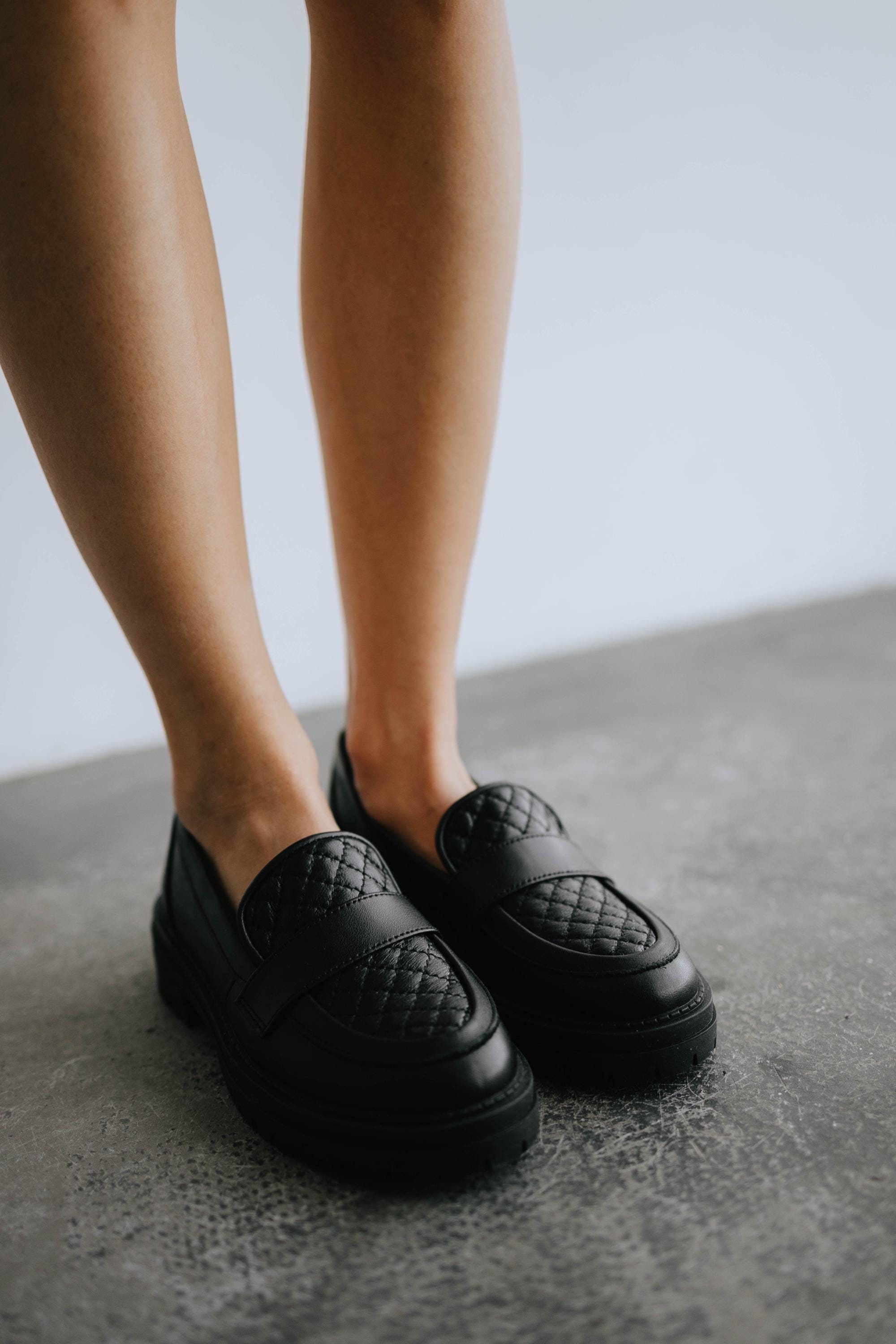 Leather Loafers with Quilted Detail, Women's Classic Slip On Shoes,…