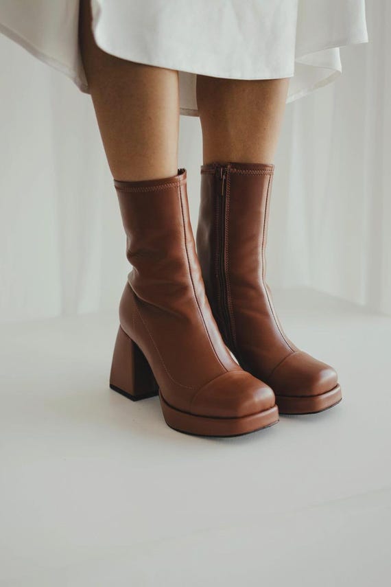 Brown genuine leather ankle boots with square toe and side zipper, handmade heeled booties with 8.5 cm heel