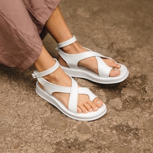 Women's White Leather Gladiator Sandals with Toe Loop | Amazon Style Lace-Up Sandals | Elegant Strappy Summer Shoes for Everyday Wear