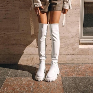 White Over the Knee Boots, Stretch Thigh High Boots, Leather Lower, White Platform Boots