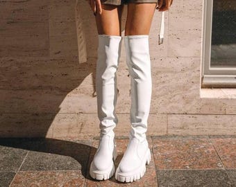 White Over the Knee Boots, Stretch Thigh High Boots, Leather Lower, White Platform Boots