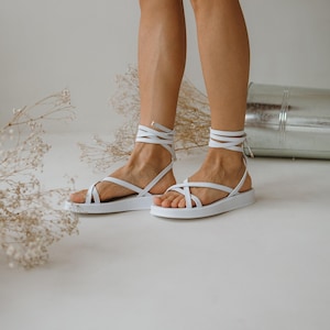 Leather sandals, White sandals, strappy sandals, genuine leather sandals, flat sandals, platform sandals.