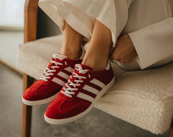 Samba sneakers, red sneakers, flat sneakers, lace-up sneakers, City sneakers. Genuine leather sneakers, Women's leather sneakers