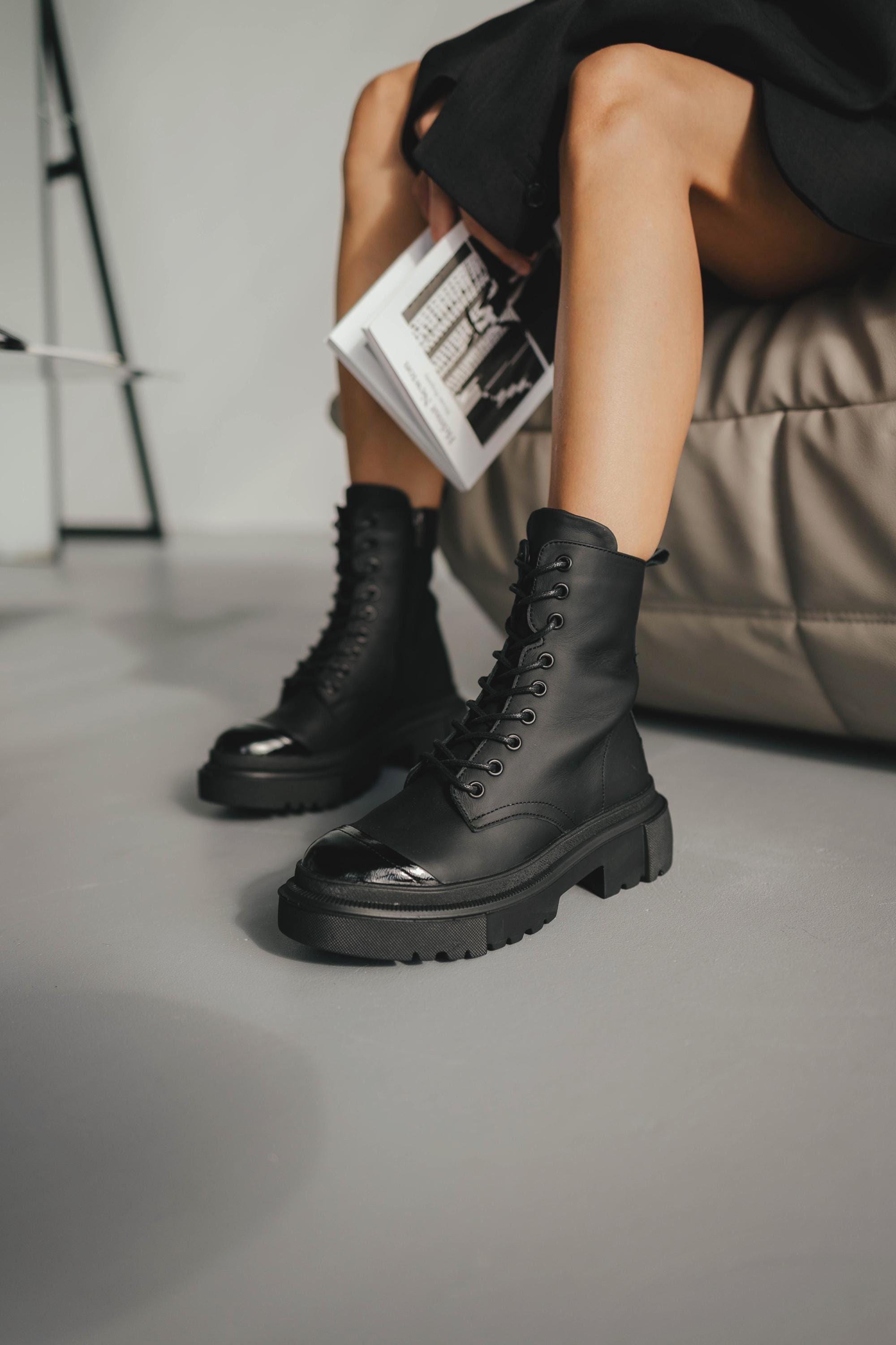 Black Leather Lace up Boots, Patent Leather Detail, Side Zipper