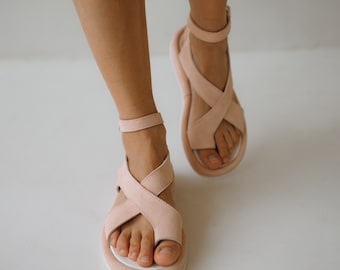 Women's sandals. Wedge strappy leather sandals with ankle strap. pink sandals with buckle. comfortable leather sandals