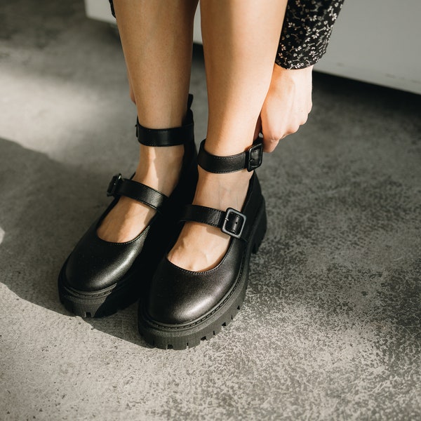 Classic Mary Janes, black summer shoes, open strappy shoes. Chunky loafers with thick soles. City Loafers Mary Janes on the Platform