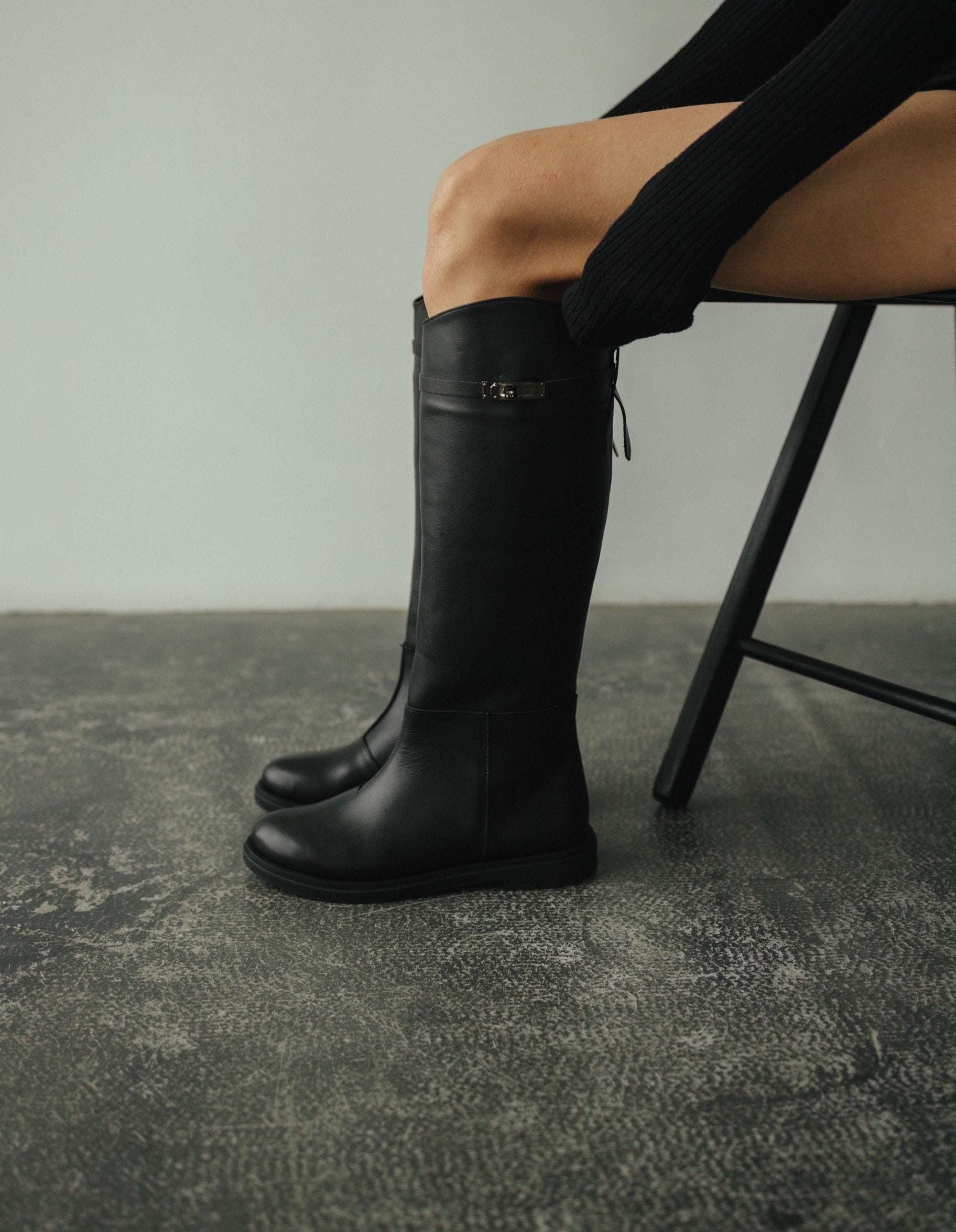 Stivali Da Donna Con Fibbia Da Combattimento Con Plateau – Lacci Con Tacco A Blocco Per Moto Stivali Alti Al Ginocchio Con Tasca Nascosta – Stivali Militari (nero, 36 EU - Foto 9