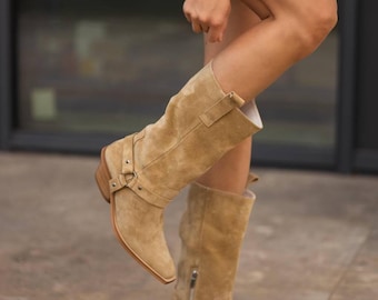Casual suede cowboy boots, suede shoes with zippers, cowboy shoes with heels