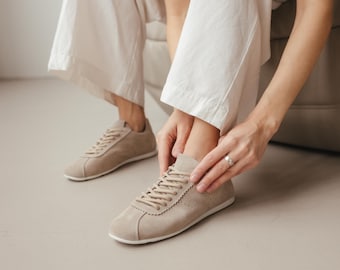 Soft suede sneakers made of beige suede, comfortable minimalist sneakers with a soft sole, sneakers with a soft toe and back,