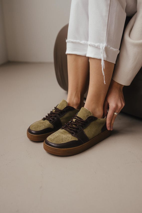 Handmade Khaki Leather Sneakers, Olive Suede Wide Toe Keds, Custom Comfort Shoes, Women's Casual Footwear