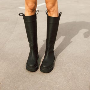 Black Matte Leather Knee High Boots, Wide Shaft Boots, Fleece Lined Women's Boots, Side Zipper