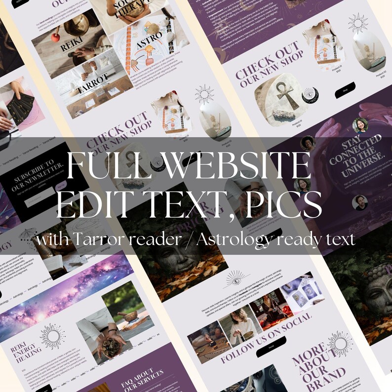 - Elegant and magical feminine therapy coach website template for Reiki and tarot services.