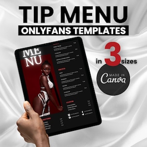 May include: A digital tablet displaying a black and red tip menu with the text "ME NU" in white. The menu lists various content options, including photos, videos, and custom requests. The tablet is held in a hand against a white background.
