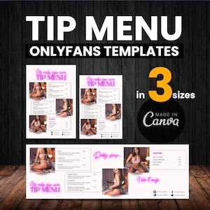 Puede incluir: Plantillas digitales de menús de propinas para OnlyFans, con el texto "TIP MENU" y "ONLYFANS TEMPLATES". El diseño está disponible en tres tamaños y está hecho en Canva. La imagen muestra diseños de menú de ejemplo con varias opciones de servicio.