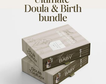 May include: Two stacked boxes with the text "Ultimate Doula & Birth bundle". The top box reads "The new mom with a baby on board" and "The new BABY". The bottom box reads "Doula Toolbox". The boxes are beige and brown.