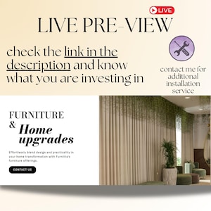 May include: A website screenshot advertising furniture and home upgrades. The text reads "LIVE PRE-VIEW" and "check the link in the description and know what you are investing in". The website also features a photo of a living room with beige curtains and green plants.