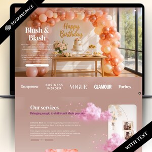 Può includere: Un design di sito web per Blush & Blash, con un tema di festa di compleanno. Il design include un arco di palloncini, una torta e le parole "Happy Birthday". Il sito web evidenzia anche i servizi per bambini e genitori.