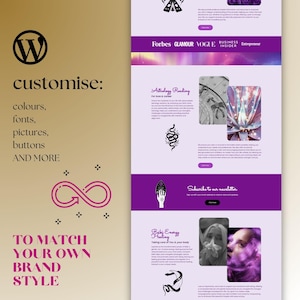 This WordPress template for tarot websites is an ecommerce blog theme designed for spiritual businesses, astrologers, and goddess energy healers. The pink and purple website design creates a magical online space for showcasing services, products, and courses.