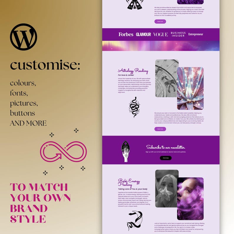 This WordPress template for tarot websites is an ecommerce blog theme designed for spiritual businesses, astrologers, and goddess energy healers. The pink and purple website design creates a magical online space for showcasing services, products, and courses.
