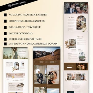 Photography and wedding website template perfect for a small business, wedding photography portfolio, or a social media manager's landing page. Includes layouts for content creator blogs and eCommerce-ready service pages.