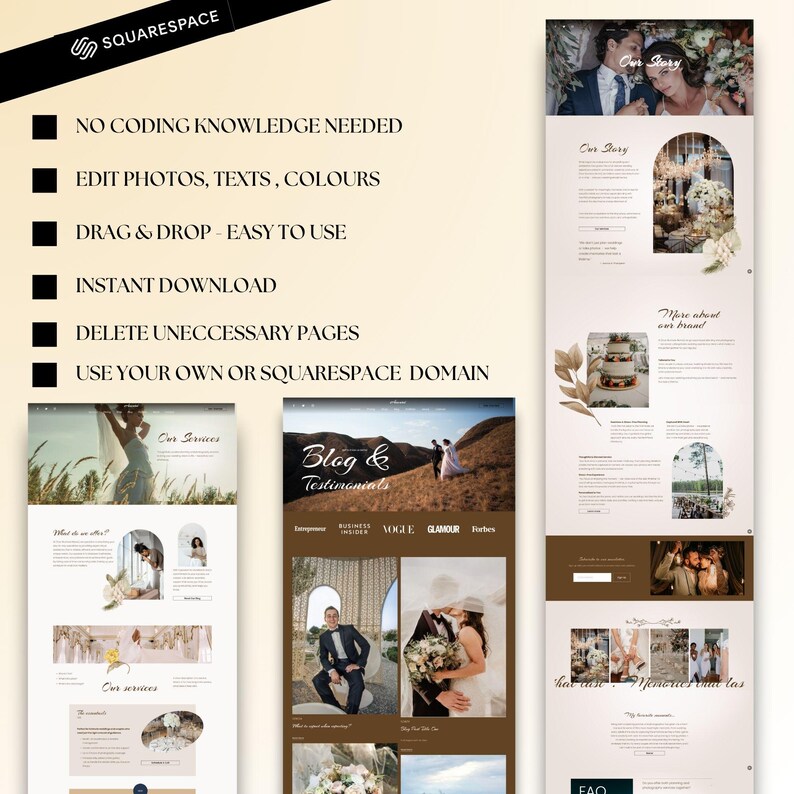 Photography and wedding website template perfect for a small business, wedding photography portfolio, or a social media manager's landing page. Includes layouts for content creator blogs and eCommerce-ready service pages.