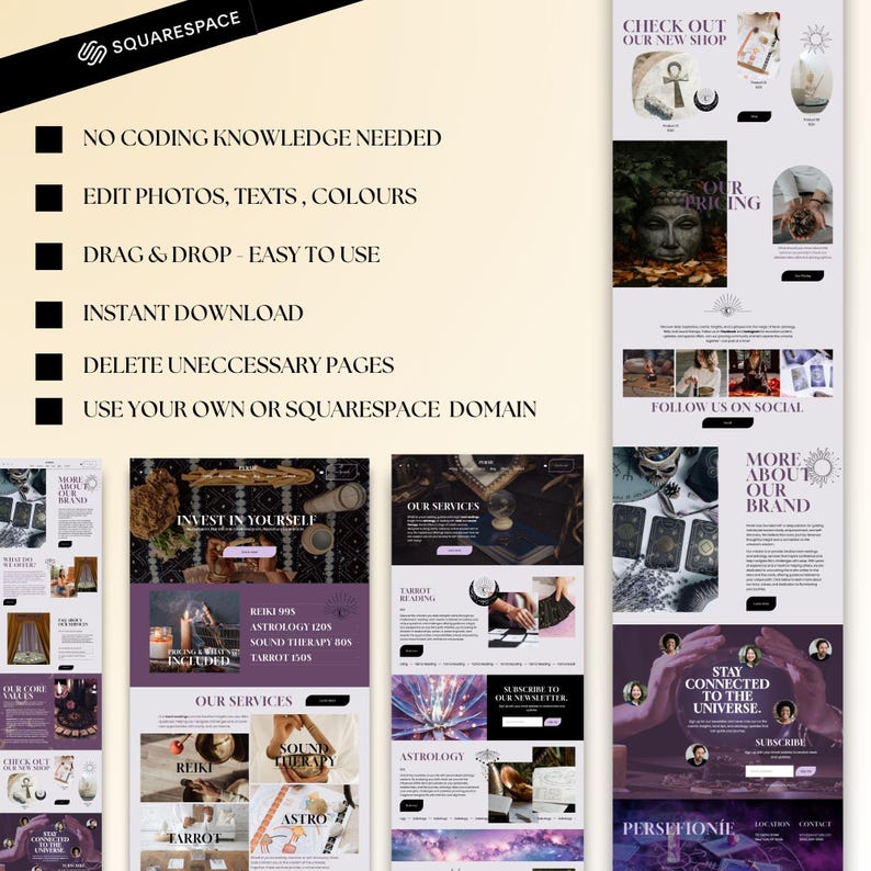 - Customizable Squarespace template for tarot readers and astrology coaches.