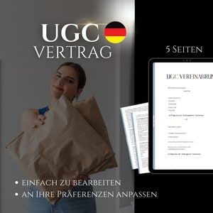 May include: A digital tablet displaying a document titled "UGC VEREINABRUN" with the text "5 SEITEN" at the top of the screen. The document is in German. The tablet is on a white surface. The image also includes a woman holding a brown paper bag. The text "UGC VERTRAG" is at the top of the image. The text "EINFACH ZU BEARBEITEN" and "AN IHRE PRÄFERENZEN ANPASSEN" is at the bottom of the image.