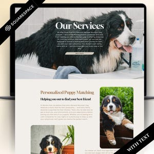 以下が含まれることがあります： 「Our Services」と「Personalized Puppy Matching」のテキストが表示されたウェブサイトが映るノートパソコンの画面。バーニーズ・マウンテン・ドッグと子犬の写真。ウェブサイトは、バーニーズ・マウンテン・ドッグの飼い主をサポートし、ガイダンスを提供しています。